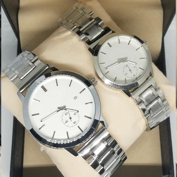 Simple Couple Watches Second With Date Ladies And Gents Pair Silver & White 97996 | Abdul Basit Janjee