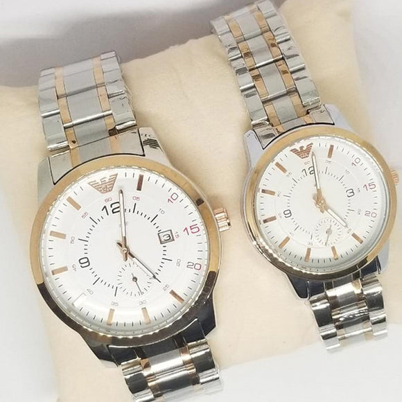 Creative Couple Watches Second With Date Ladies And Gents Pair White Dial With Light Golden & Silver Chain 97996 | Abdul Basit Janjee