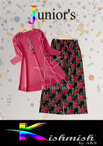 Kishmish kids pink plain shirt and printed black & pink roses trouser Dresses