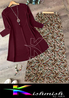 Kishmish Stylish 2 Piece Suit Plain Maroon Shirt And Printed Trouser