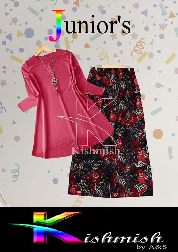 Kishmish kids pink plain shirt and printed black & red Creative trouser Dresses