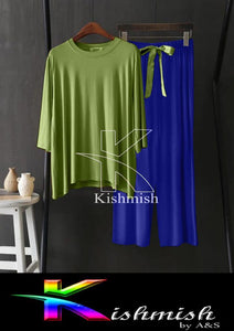 SET OF 2- Kishmish Ladies Stylish Desert Night Suit / Sleep Wear (shirt+ trouser) Green & Blue