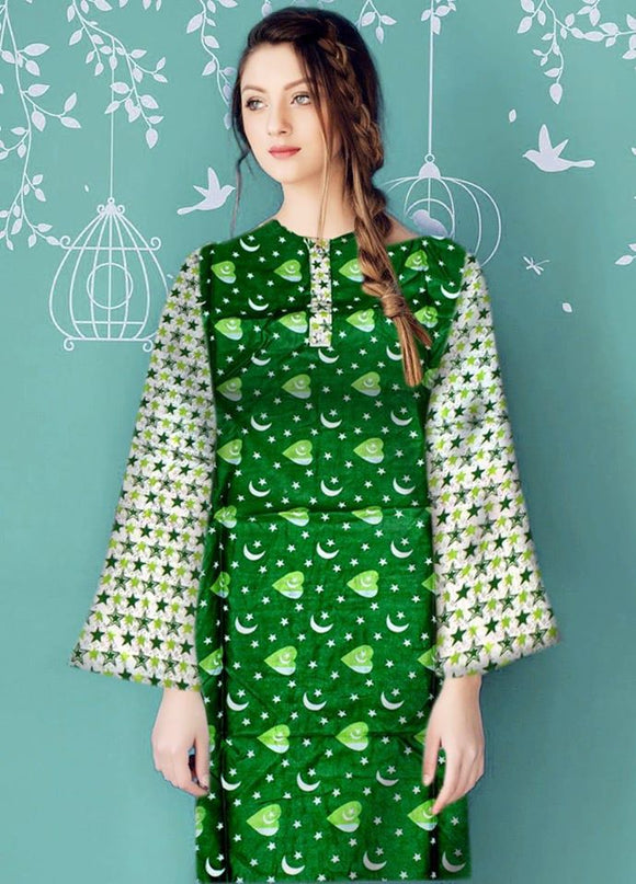 Latest Hearts Design Printed 14 August Day Kurti For Her Green & White