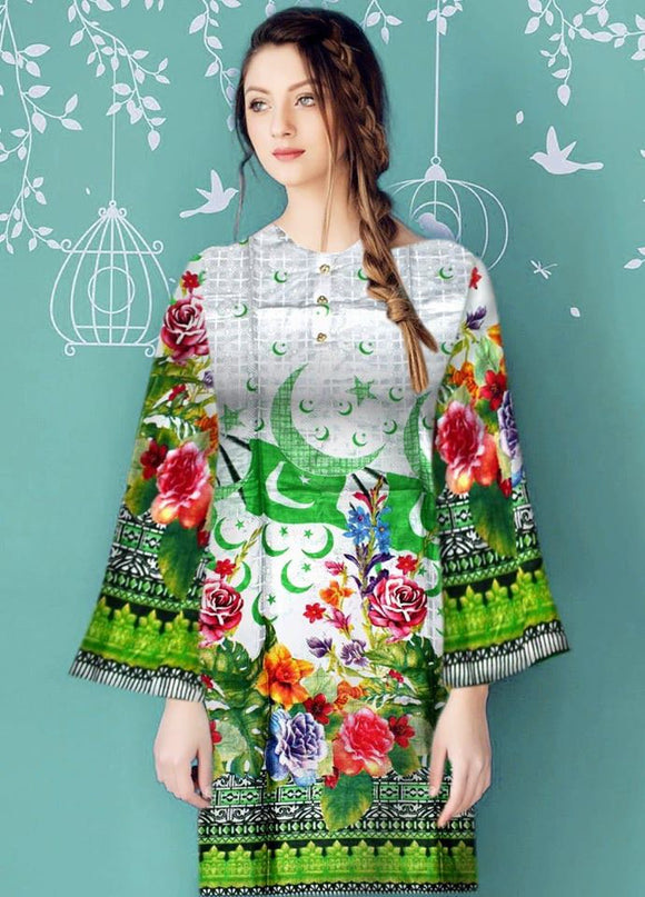 Latest Flower Design Printed 14 August Day Kurti For Her Green & White