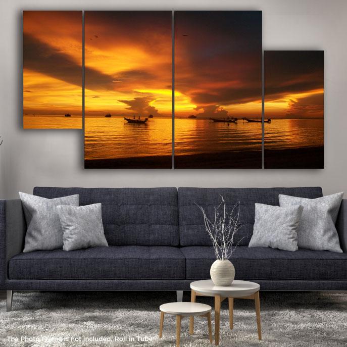 Surising Time Fishing Boats 3D Image 4pcs Wall Frame WF-169 | 24hours.pk