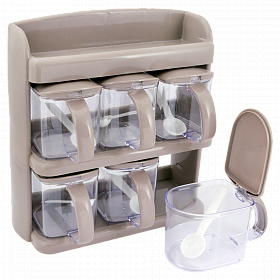 Cinderella Plastic 2-Tier Rack Spices Jars With Spoon 6 Pcs Set, Offwhite | 24hours.pk