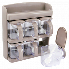 Cinderella Plastic 2-Tier Rack Spices Jars With Spoon 6 Pcs Set, Offwhite | 24hours.pk