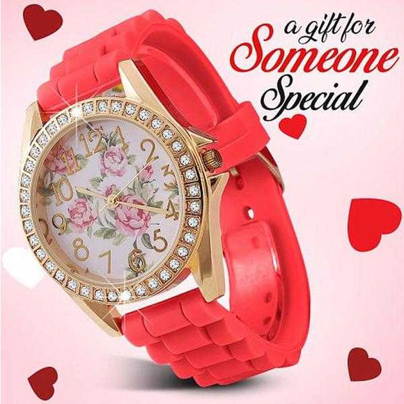 Geneva Fashionable Floral Dial Crystal Studded Bezel Analog Silicone Band Watch for Women, 8806, Red | 24HOURS.PK