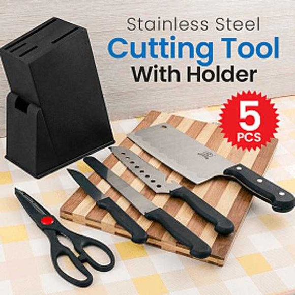 Kitchen 5 Pcs Stainless Steel Cutting Tools With Holder | 24HOURS.PK