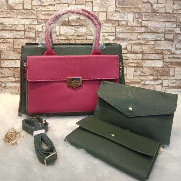 Luxury 3-Piece Women Bag Retro Style Shoulder Women Crossbody Bag, Green+Pink | 24HOURS.PK