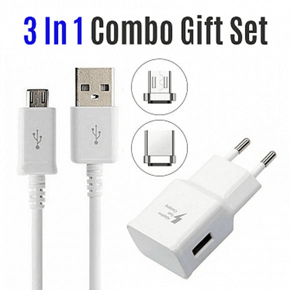 Deal 3 In 1 Combo Gift Set - Travel Adapter with Micro USB Cable + Type-C To Micro USB + Lightning To Micro USB Connector | 24HOURS.PK