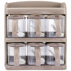 Cinderella Plastic 2-Tier Rack Spices Jars With Spoon 6 Pcs Set, Offwhite | 24hours.pk