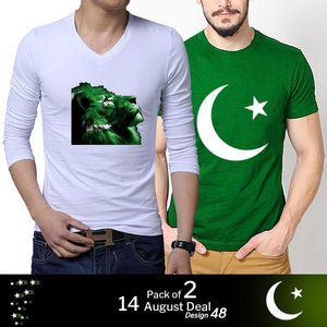 Pack Of 2 - Pakistan 14 August Independence Day Green & White Tshirts For Men