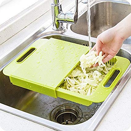 Human Shoppy 3 in1 Green Plastic Sink Cutting Board Retractable Chopping Board Kitchen Vegetable Basket Plastic Cutting Board | 24hours.pk
