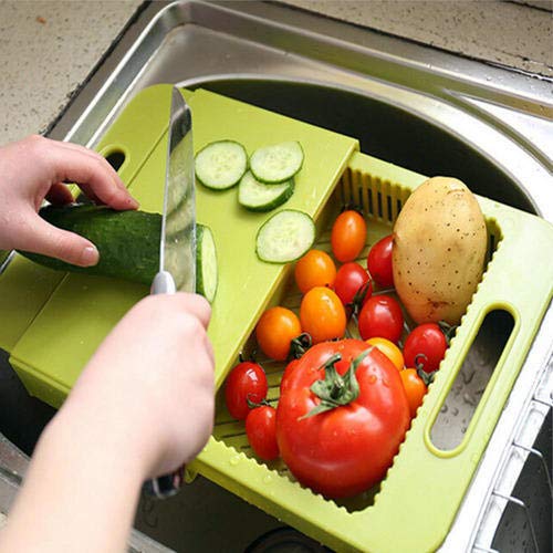 Human Shoppy 3 in1 Green Plastic Sink Cutting Board Retractable Chopping Board Kitchen Vegetable Basket Plastic Cutting Board | 24hours.pk