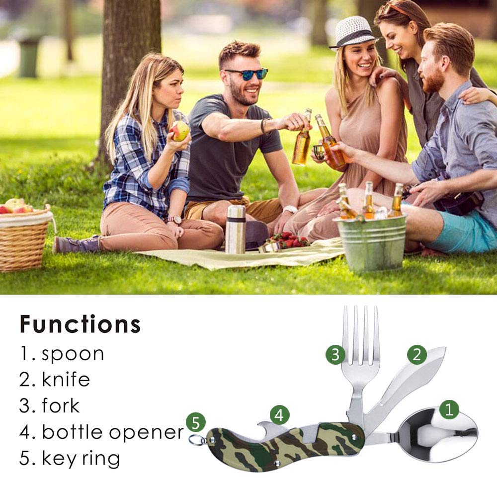 Power delux Camping 4 in 1 Fork Knife Spoon Bottle Opener Set Stainless Steel | 24HOURS.PK