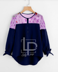 Lollypop Mesh Panel Dip Hem Tie Cuff Blouse Dark Blue