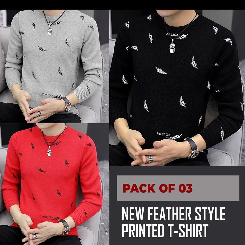 New Pack of 3 Feather Style Printed Full Sleeve Shirt Random Colors | 24hours.pk