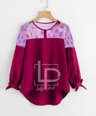 Lollypop Mesh Panel Dip Hem Tie Cuff Blouse Pink