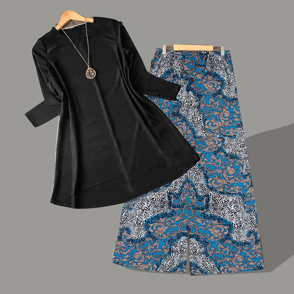 Black Plain Shirt And Printed Trouser Blue For Women | 24HOURS.PK