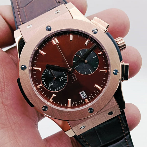 Simple Design Wrist Watch Leather Brown Master Lock & Belt With Golden Dial | 24HOURS.PK