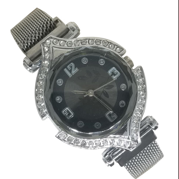 Stylish Ladies Magnet Black Diamonds Dial Watch Silver | 24HOURS.PK