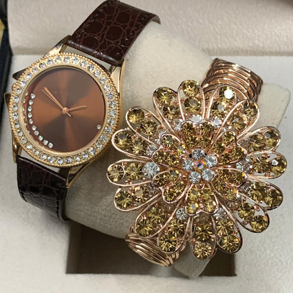 New Vintage Creative Golden Bangle With Creative Watch Brown Pair | 24HOURS.PK