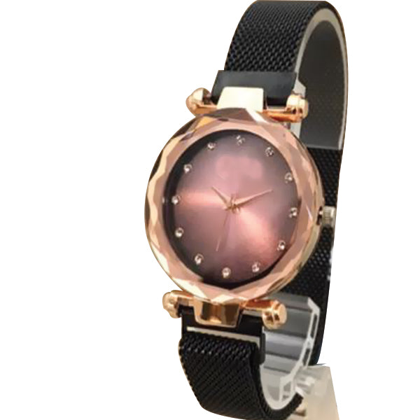 Magnet Chain Elegant Women Wrist Watch Black Belt With Golden Dial | 24hours.pk