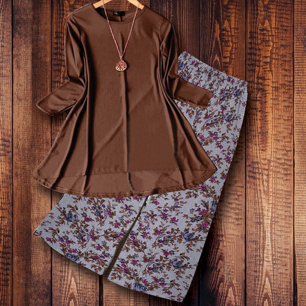 2 Pcs Plain Shirt Printed Trouser For Women -Brown | 24HOURS.PK