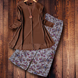 2 Pcs Plain Shirt Printed Trouser For Women -Brown | 24HOURS.PK