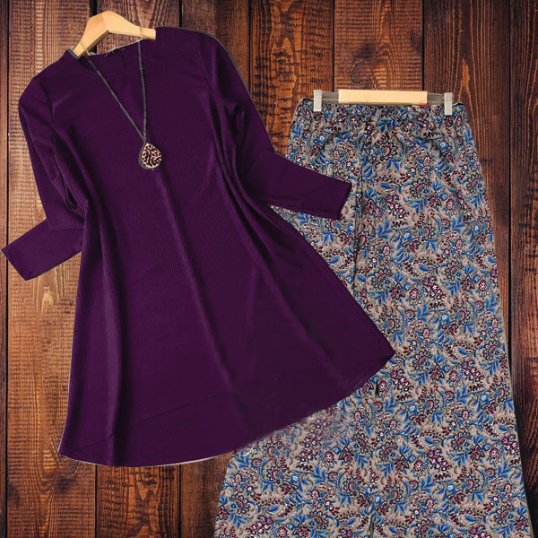 2 Pcs Plain Shirt Printed Trouser For Women - Purple | 24HOURS.PK