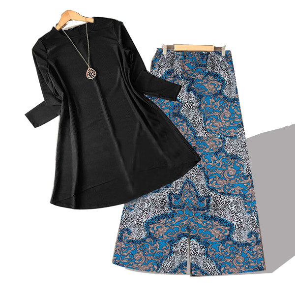 Black Plain Shirt And Printed Trouser Blue For Women | 24HOURS.PK