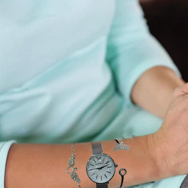 Pack of 3 Ladies Hand Watch Set Bracelet Watch Bangle Silver | 24HOURS.PK