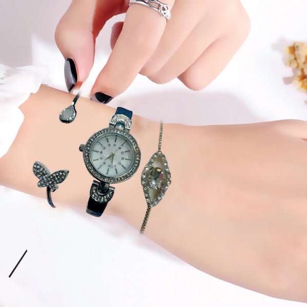 Pack of 3 Ladies Hand Watch Set Bracelet Watch Xtylish Design Silver Blue Belt | 24HOURS.PK