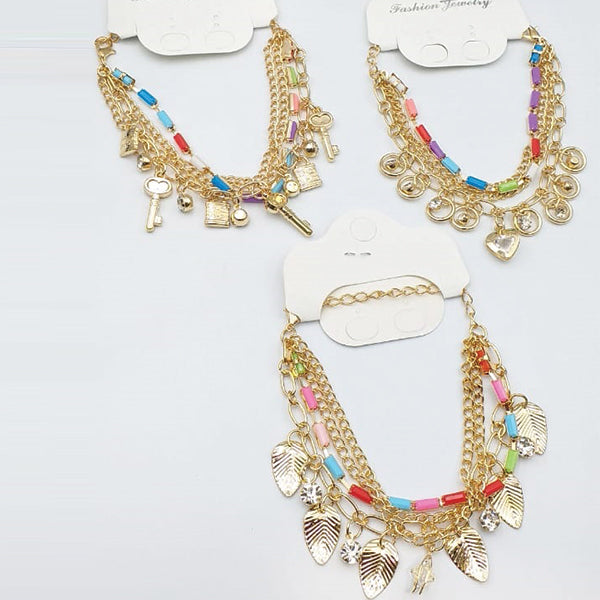 Pack of 3 Multicolor Stones With Chains Gold Bracelets Random Design For Girls And Women | 24hours.pk