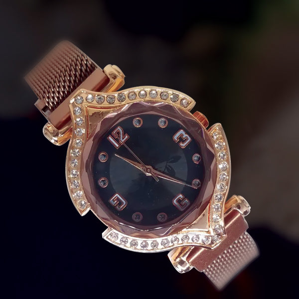 Stylish Ladies Magnet Diamonds Dial Watch Golden & Black | 24HOURS.PK
