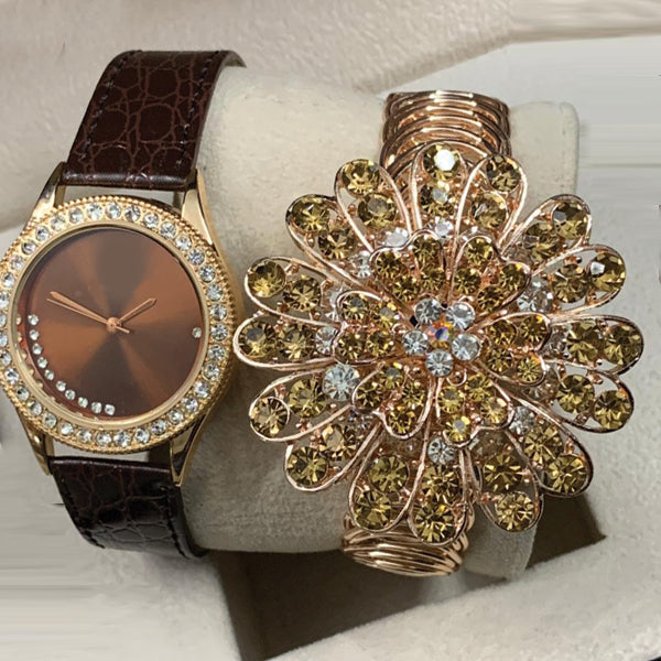 New Vintage Creative Golden Bangle With Creative Watch Brown Pair | 24HOURS.PK