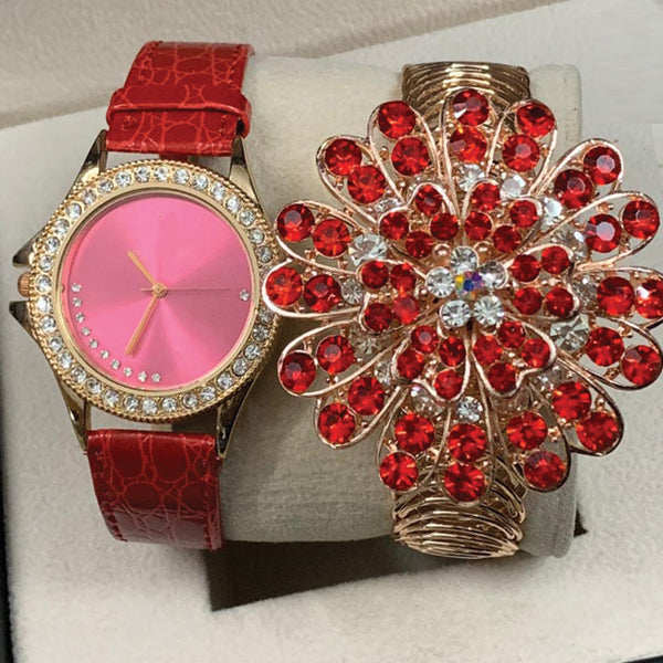 New Vintage Creative Golden Bangle With Creative Watch Red Pair | 24HOURS.PK