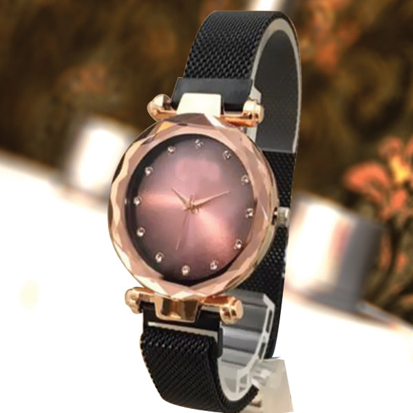 Magnet Chain Elegant Women Wrist Watch Black Belt With Golden Dial | 24hours.pk