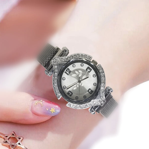 Stylish Ladies Magnet Diamonds Dial Watch Silver & White | 24HOURS.PK