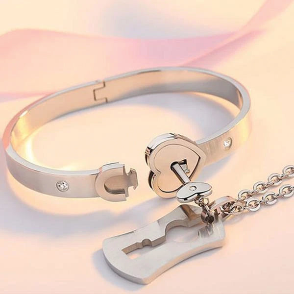 OurCoordinates Lock Bracelet and Key Necklace Jewelry Set for Couples - Valentines Day Gift, Silver