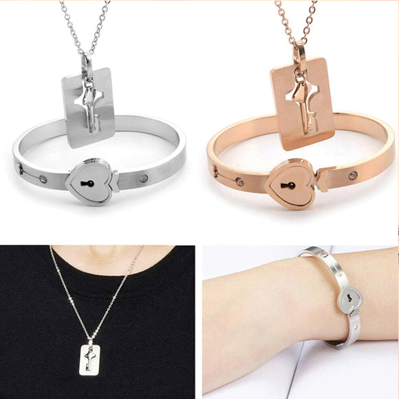 Couple Jewelry Sets For Lovers Stainless Steel Love Heart Lock Bracelet Key Pendant Necklace Best For Valentines Day Gift Random Colors | 24HOURS.PK