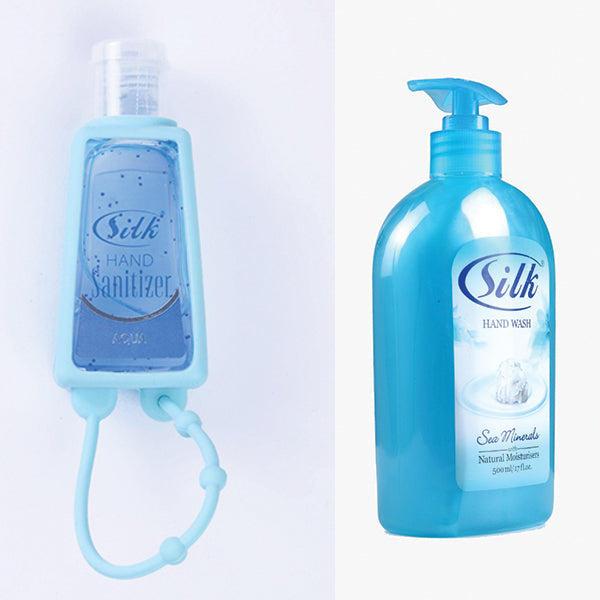 Pack of 2 Silk Hand Wash 500ml And Hand Sanitizer Aqua 30ml | 24hours.pk