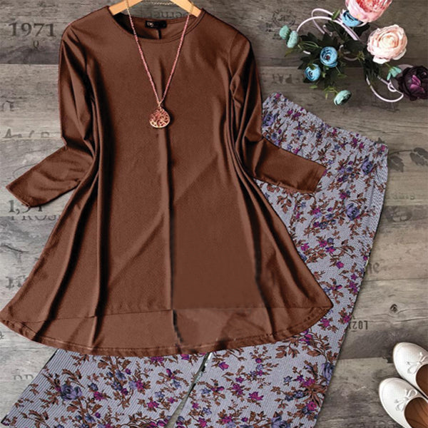 2 Pcs Plain Shirt Printed Trouser For Women -Brown | 24HOURS.PK