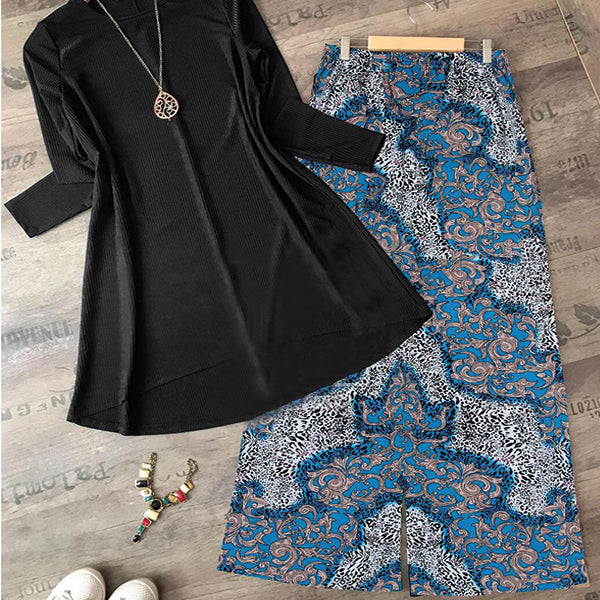 Black Plain Shirt And Printed Trouser Blue For Women | 24HOURS.PK