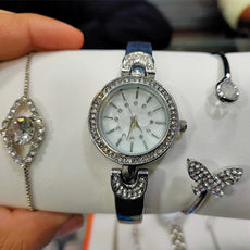 Pack of 3 Ladies Hand Watch Set Bracelet Watch Xtylish Design Silver Blue Belt | 24HOURS.PK