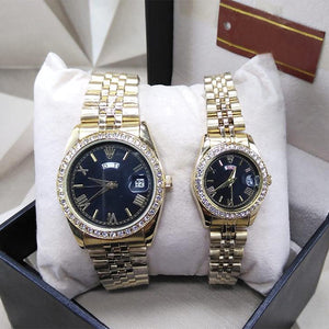 Simple Black Dial Couple Watches For Mens & Women Golden Best Gift For Valentines Day | 24HOURS.PK