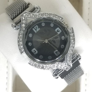 Stylish Ladies Magnet Black Diamonds Dial Watch Silver | 24HOURS.PK