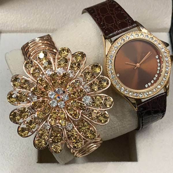 New Vintage Creative Golden Bangle With Creative Watch Brown Pair | 24HOURS.PK