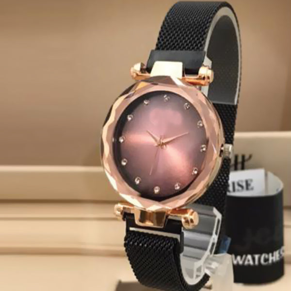 Magnet Chain Elegant Women Wrist Watch Black Belt With Golden Dial | 24hours.pk